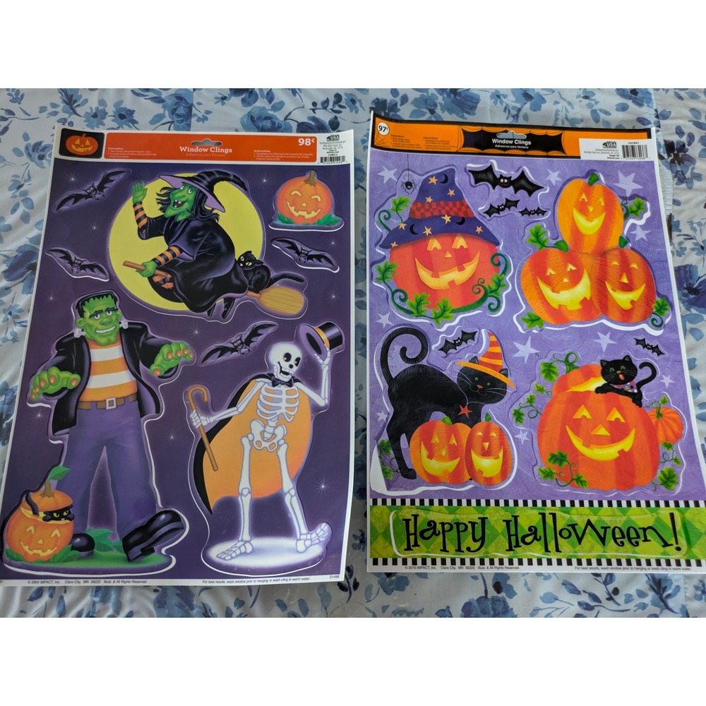 Vintage Halloween Window Clings Lot 2 Sheets Impact Inc Frankenstein Witch 2004